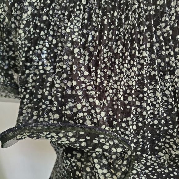 Badgley Mischka Navy Flouncy Mesh Ruffle Sequin Pleated Silk Top - Picture 3 of 11